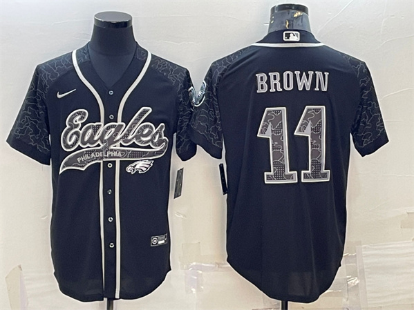 Men's Philadelphia Eagles #11 A. J. Brown Black Reflective With Patch Cool Base Stitched Baseball Jersey - Click Image to Close